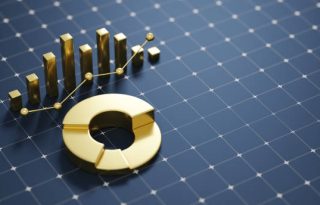 Finance and economy concept. Golden financial 3d symbols on the dark background with a grid pattern